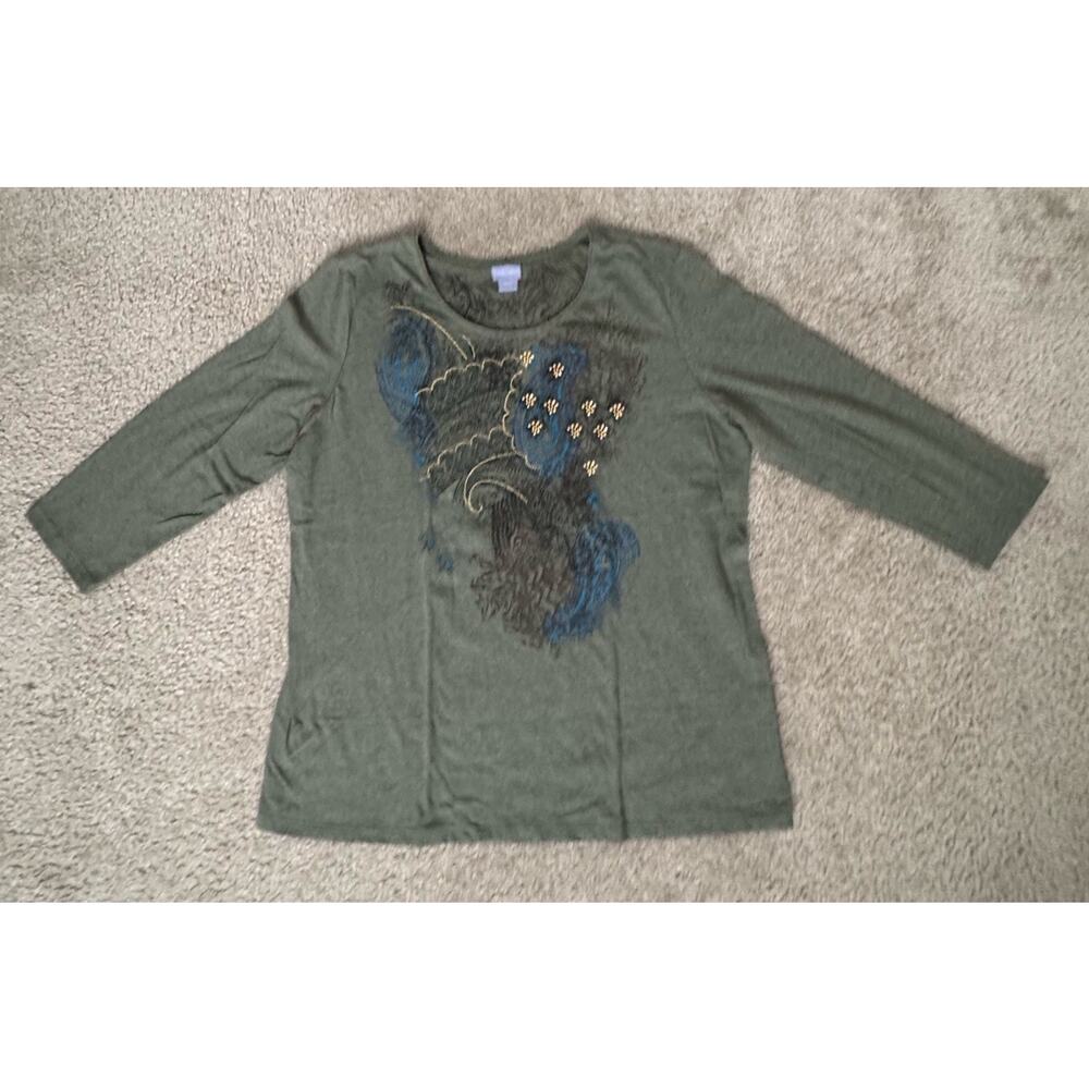 Laura Scott Womens Top X-Large Green Paisley Embellished 3/4 Sleeve Casual